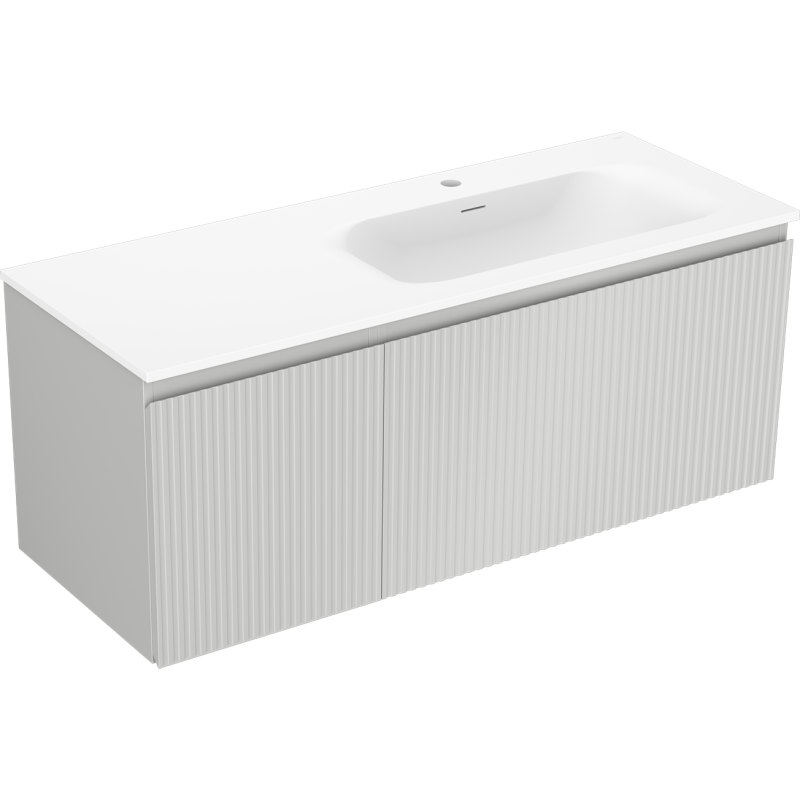 Mexen Rivel kúpeľňová skrinka 120 cm s umývadlom Vela pravá, 1S, 1D, ryhovaná, sivá mat/biela mat