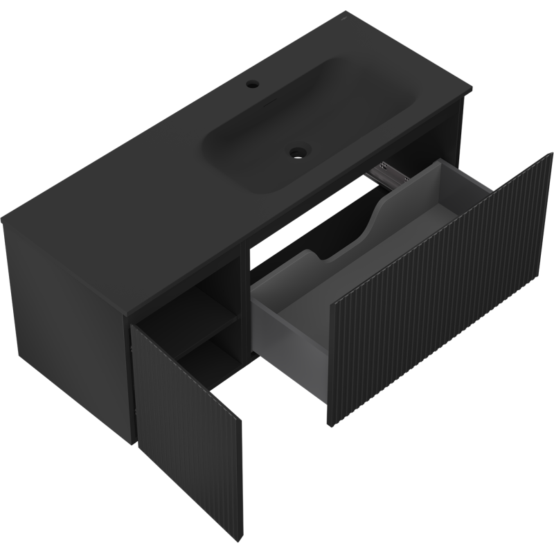 Mexen Rivel kúpeľňová skrinka 120 cm s umývadlom Vela pravá, 1S, 1D, ryhovaná, čierna mat - 91A23-12047-3-BBFF71-W23P71