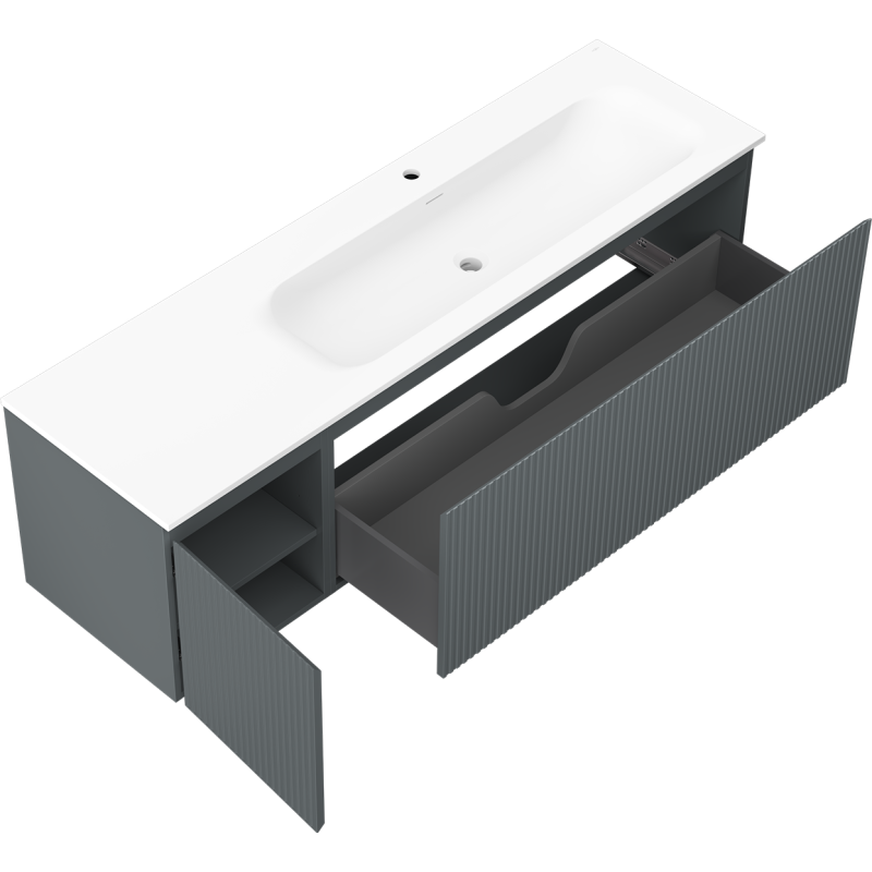 Mexen Rivel kúpeľňová skrinka 160 cm s umývadlom Vela pravá, 1S, 1D, ryhovaná, grafit/biela matná - 91A23-16047-3-BBFF66-W23P01