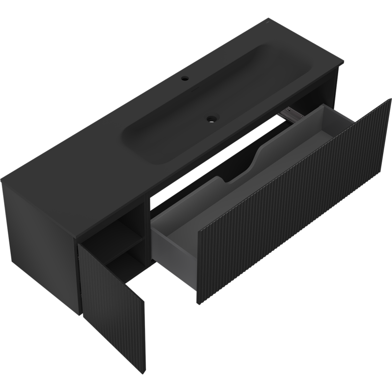 Mexen Rivel kúpeľňová skrinka 160 cm s umývadlom Vela pravou, 1S, 1D, ryhovaná, čierna mat - 91A23-16047-3-BBFF71-W23P71