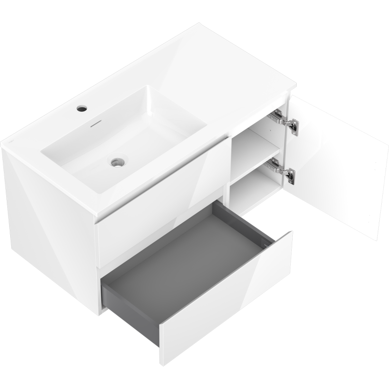 Mexen Orio kúpeľňová skrinka 90 cm s ľavým umývadlom Otis, 2S, 1D, biela lesk - 91A13-09047-3-BBFFF00-W18L00