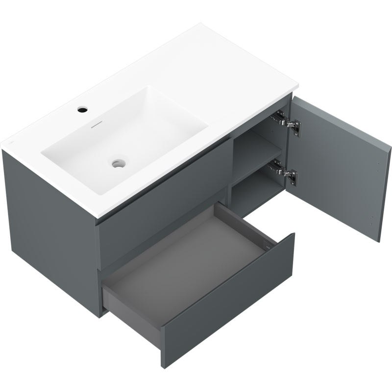 Mexen Orio kúpeľňová skrinka 90 cm s umývadlom Otis ľavým, 2S, 1D, grafit mat/biela mat - 91A13-09047-3-BBFFF66-W18L01