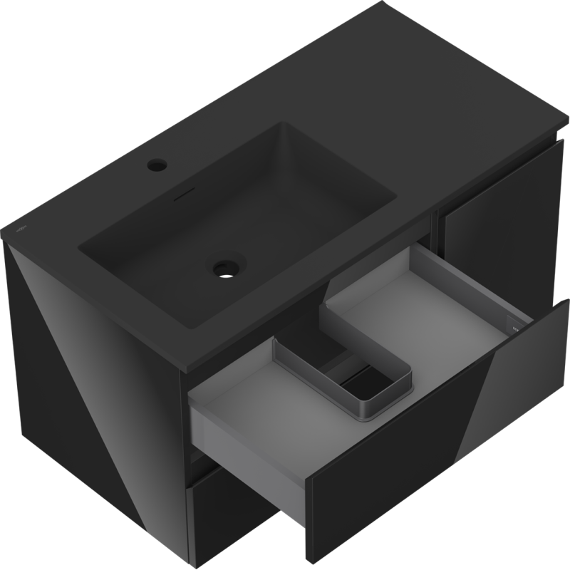 Mexen Orio kúpeľňová skrinka 90 cm s umývadlom Otis ľavým, 2S, 1D, čierny lesk/čierny mat - 91A13-09047-3-BBFFF70-W18L71