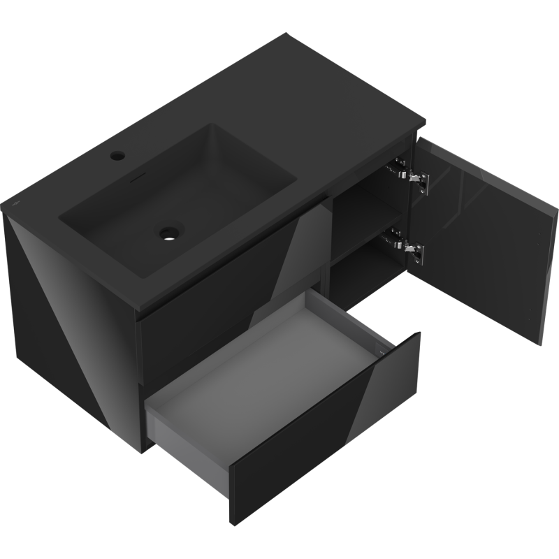 Mexen Orio kúpeľňová skrinka 90 cm s umývadlom Otis ľavým, 2S, 1D, čierny lesk/čierny mat - 91A13-09047-3-BBFFF70-W18L71