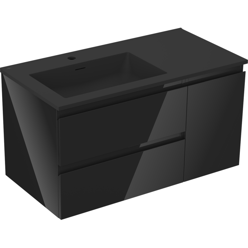 Mexen Orio kúpeľňová skrinka 90 cm s umývadlom Otis ľavým, 2S, 1D, čierny lesk/čierny mat - 91A13-09047-3-BBFFF70-W18L71