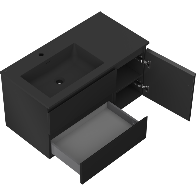 Mexen Orio kúpeľňová skrinka 90 cm s ľavým umývadlom Otis, 2S, 1D, čierna mat - 91A13-09047-3-BBFFF71-W18L71