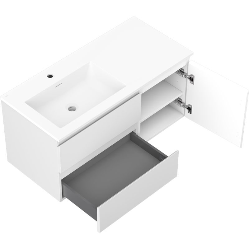 Mexen Orio kúpeľňová skrinka 100 cm s ľavým umývadlom Otis, 2S, 1D, biela matná - 91A13-10047-3-BBFFF01-W18L01