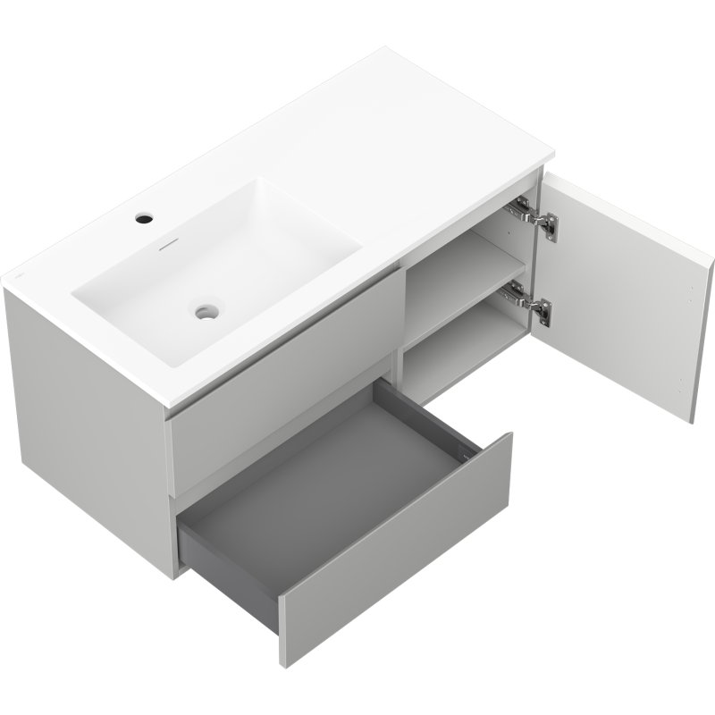 Mexen Orio kúpeľňová skrinka 100 cm s umývadlom Otis ľavým, 2S, 1D, šedá matná/biela matná - 91A13-10047-3-BBFFF62-W18L01