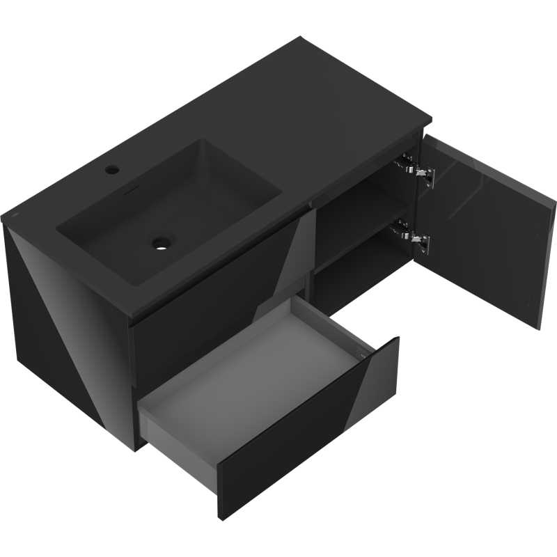 Mexen Orio kúpeľňová skrinka 100 cm s umývadlom Otis ľavá, 2S, 1D, čierny lesk/čierny mat - 91A13-10047-3-BBFFF70-W18L71