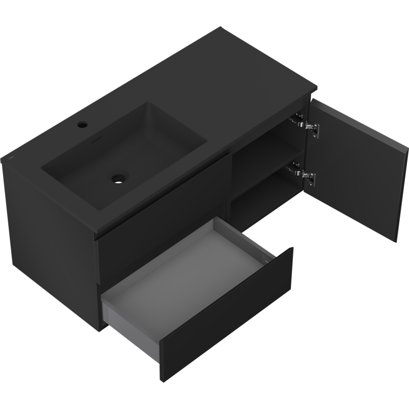 Mexen Orio kúpeľňová skrinka 100 cm s umývadlom Otis ľavým, 2S, 1D, čierna matná - 91A13-10047-3-BBFFF71-W18L71