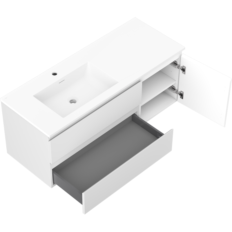 Mexen Orio kúpeľňová skrinka 120 cm s ľavým umývadlom Otis, 2S, 1D, biela matná - 91A13-12047-3-BBFFF01-W18L01