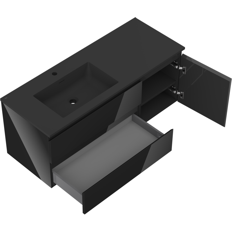 Mexen Orio kúpeľňová skrinka 120 cm s umývadlom Otis ľavým, 2S, 1D, čierny lesk/čierny mat - 91A13-12047-3-BBFFF70-W18L71