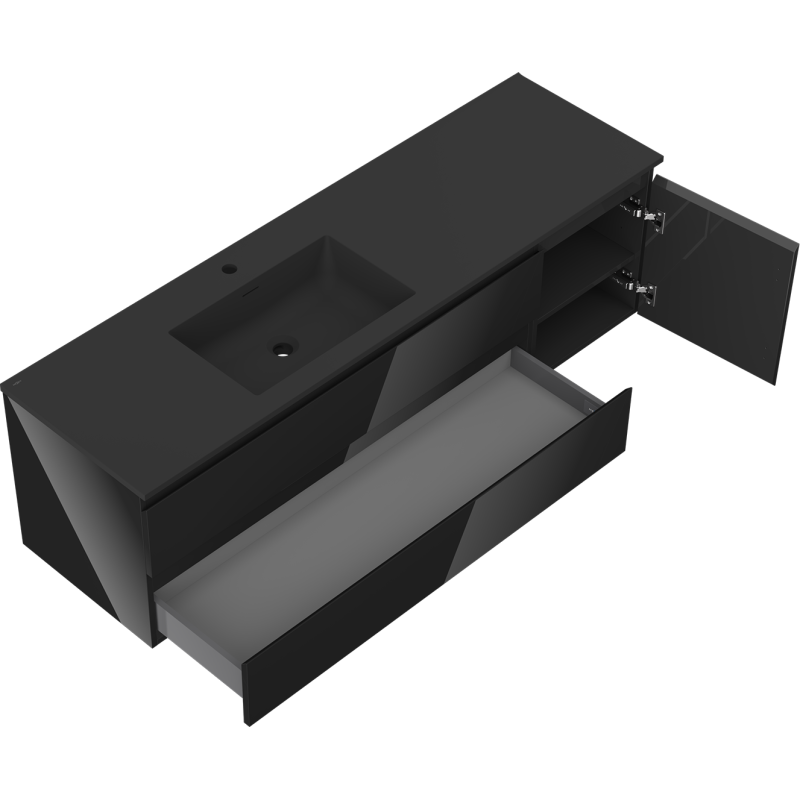 Mexen Orio kúpeľňová skrinka 160 cm s umývadlom Otis ľavá, 2S, 1D, čierna lesk/čierna mat - 91A13-16047-3-BBFFF70-W18L71