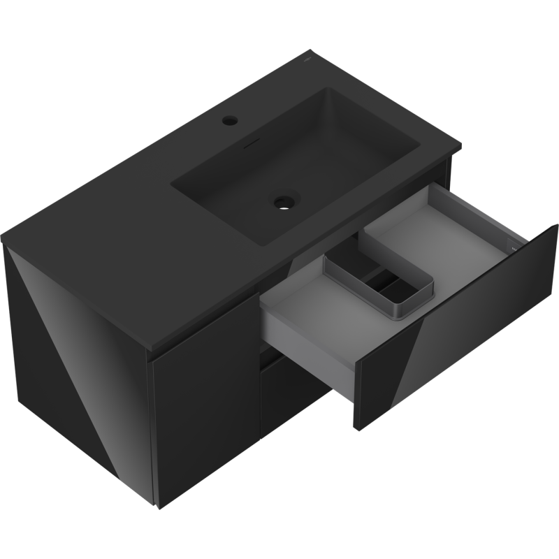Mexen Orio kúpeľňová skrinka 90 cm s umývadlom Otis pravé, 2S, 1D, čierny lesk/čierny mat - 91A13-09047-3-BBFFF70-W18P71