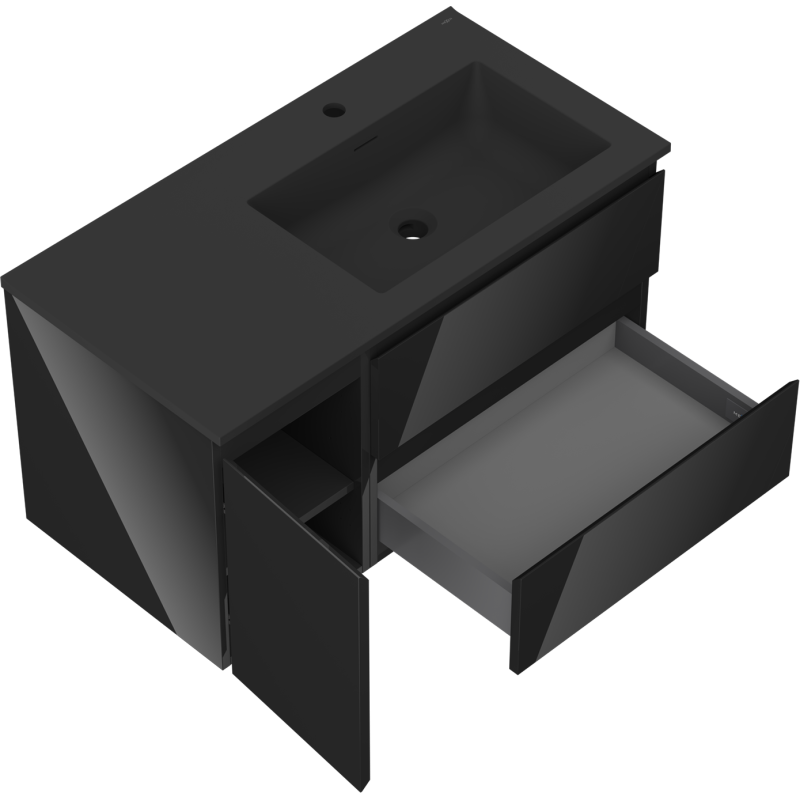 Mexen Orio kúpeľňová skrinka 90 cm s umývadlom Otis pravé, 2S, 1D, čierny lesk/čierny mat - 91A13-09047-3-BBFFF70-W18P71