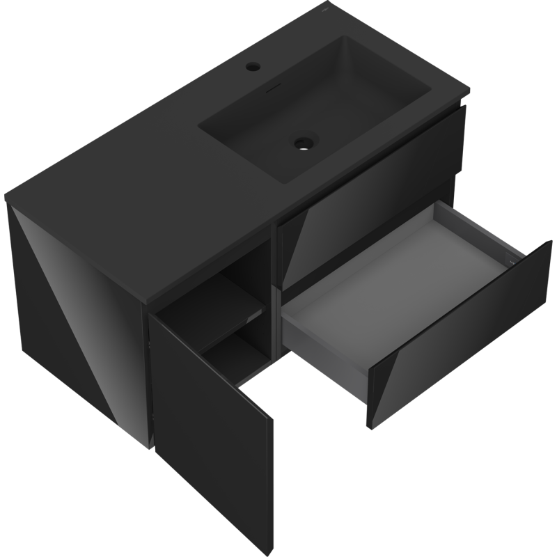 Mexen Orio kúpeľňová skrinka 100 cm s umývadlom Otis pravá, 2S, 1D, čierny lesk/čierny mat - 91A13-10047-3-BBFFF70-W18P71