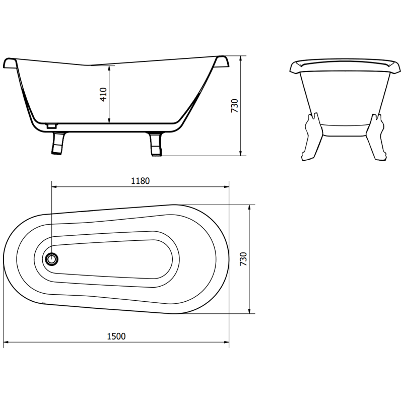 Mexen Retro voľne stojaca vaňa 150 x 73 cm, biela/čierna, nohy čierne - 53251507375-70