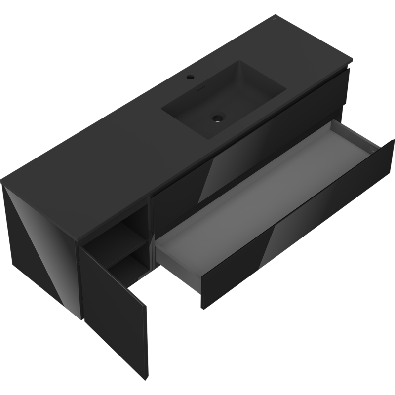 Mexen Orio kúpeľňová skrinka 160 cm s umývadlom Otis pravou, 2S, 1D, čierny lesk/čierny mat - 91A13-16047-3-BBFFF70-W18P71
