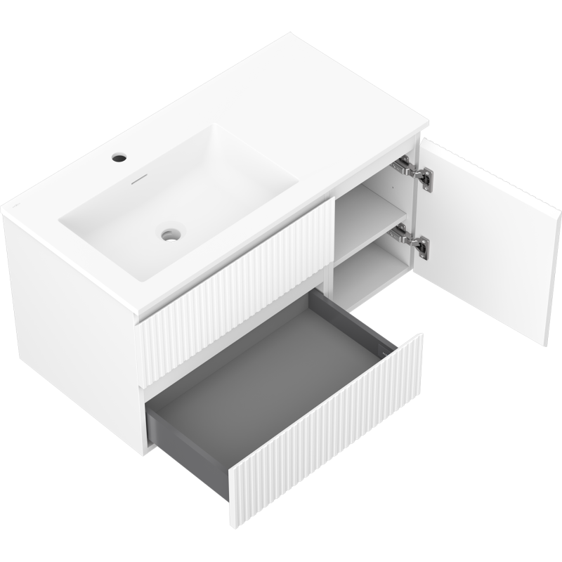 Mexen Rivel kúpeľňová skrinka 90 cm s umývadlom Otis ľavým, 2S, 1D, ryhovaná, biela matná - 91A23-09047-3-BBFFF01-W18L01