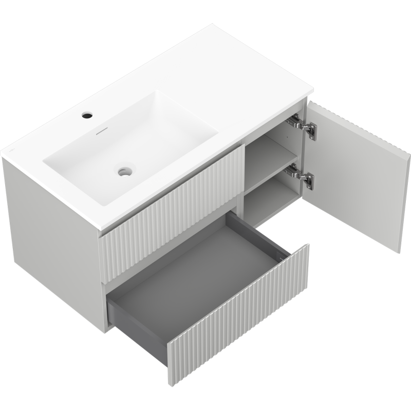 Mexen Rivel kúpeľňová skrinka 90 cm s umývadlom Otis ľavou, 2S, 1D, ryhovaná, sivá matná/biela matná