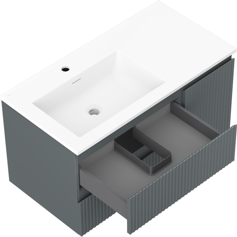 Mexen Rivel kúpeľňová skrinka 90 cm s umývadlom Otis ľavá, 2S, 1D, ryhovaná, grafit mat/biela mat - 91A23-09047-3-BBFFF66-W18L01