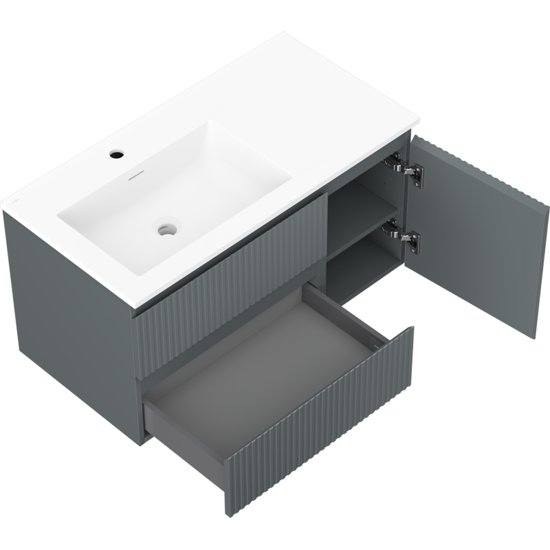 Mexen Rivel kúpeľňová skrinka 90 cm s umývadlom Otis ľavá, 2S, 1D, ryhovaná, grafit mat/biela mat - 91A23-09047-3-BBFFF66-W18L01