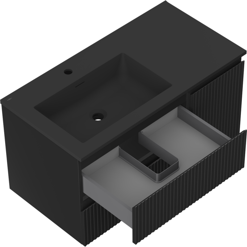 Mexen Rivel kúpeľňová skrinka 90 cm s umývadlom Otis ľavá, 2S, 1D, ryhovaná, čierna mat - 91A23-09047-3-BBFFF71-W18L71