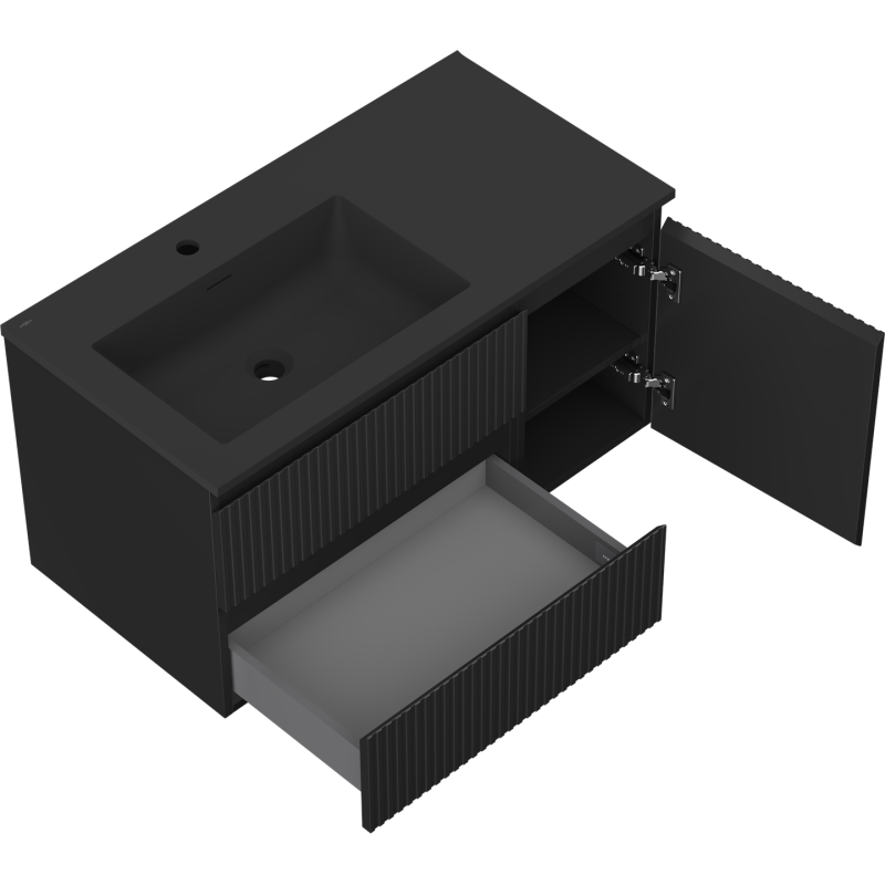 Mexen Rivel kúpeľňová skrinka 90 cm s umývadlom Otis ľavá, 2S, 1D, ryhovaná, čierna mat - 91A23-09047-3-BBFFF71-W18L71