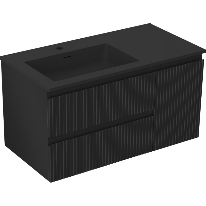 Mexen Rivel kúpeľňová skrinka 90 cm s umývadlom Otis ľavá, 2S, 1D, ryhovaná, čierna mat - 91A23-09047-3-BBFFF71-W18L71