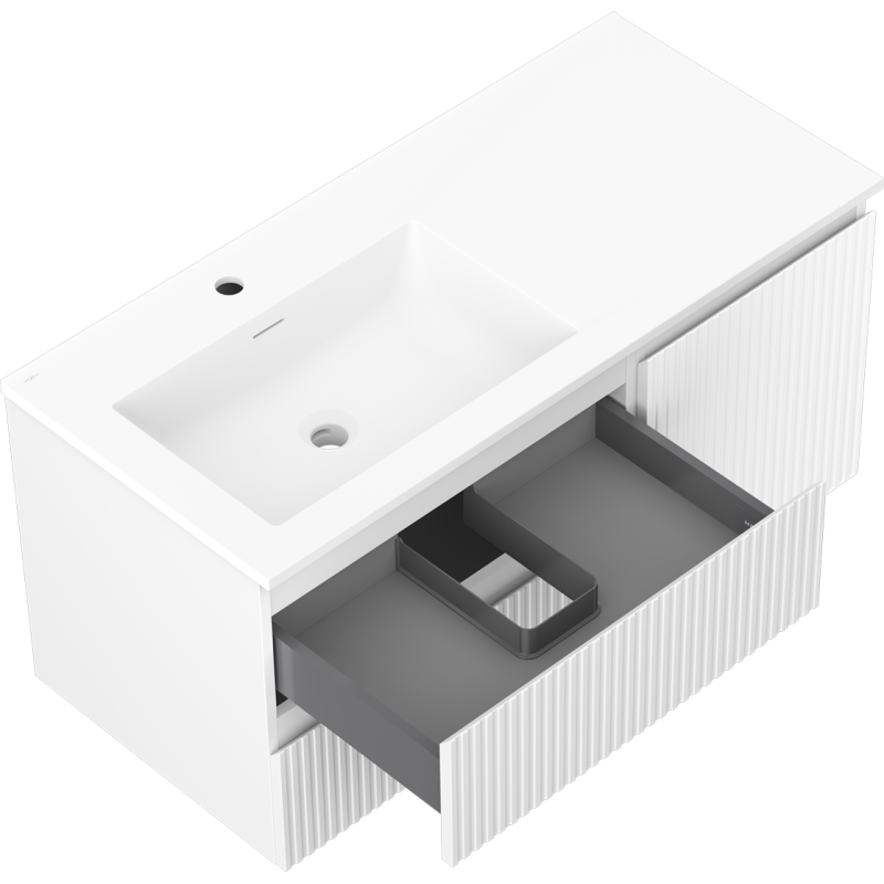 Mexen Rivel kúpeľňová skrinka 100 cm s ľavým umývadlom Otis, 2S, 1D, drážkovaná, biela mat - 91A23-10047-3-BBFFF01-W18L01