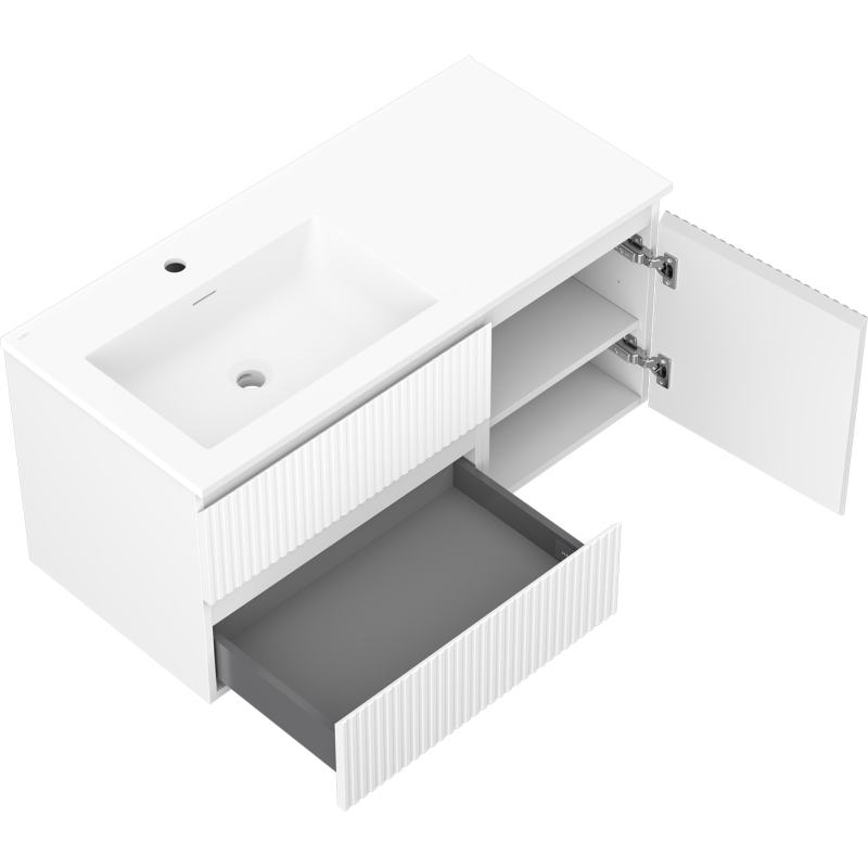 Mexen Rivel kúpeľňová skrinka 100 cm s ľavým umývadlom Otis, 2S, 1D, drážkovaná, biela mat - 91A23-10047-3-BBFFF01-W18L01