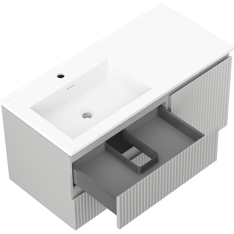 Mexen Rivel kúpeľňová skrinka 100 cm s umývadlom Otis ľavá, 2S, 1D, ryhovaná, šedá mat/biela mat - 91A23-10047-3-BBFFF62-W18L01