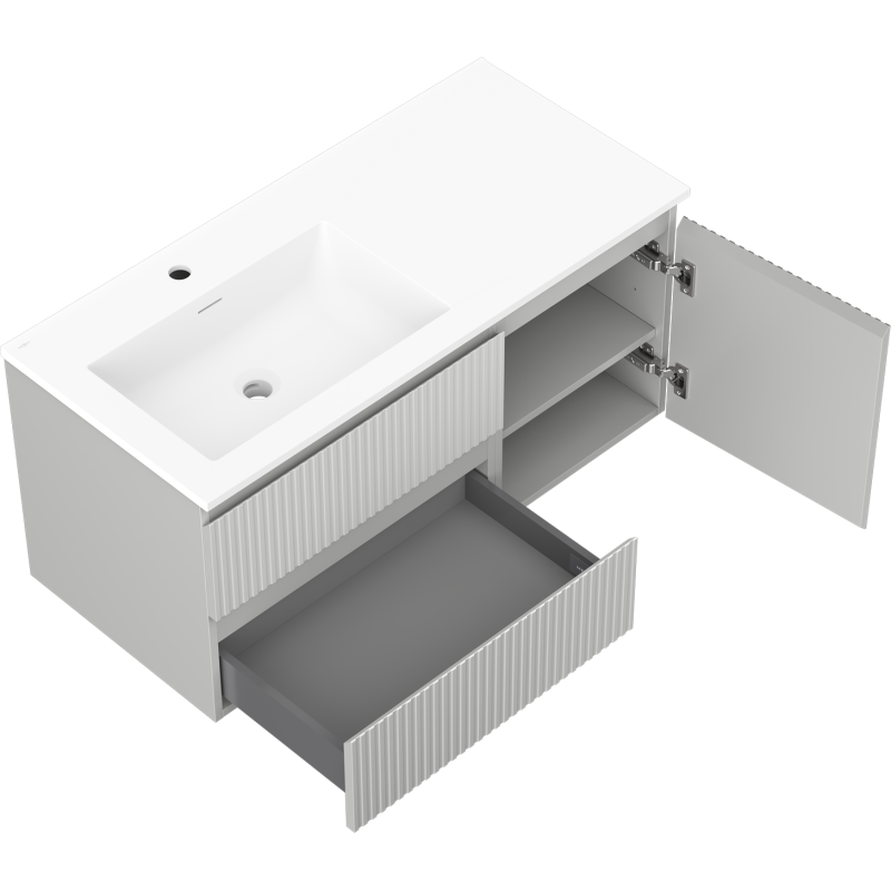 Mexen Rivel kúpeľňová skrinka 100 cm s umývadlom Otis ľavá, 2S, 1D, ryhovaná, šedá mat/biela mat - 91A23-10047-3-BBFFF62-W18L01