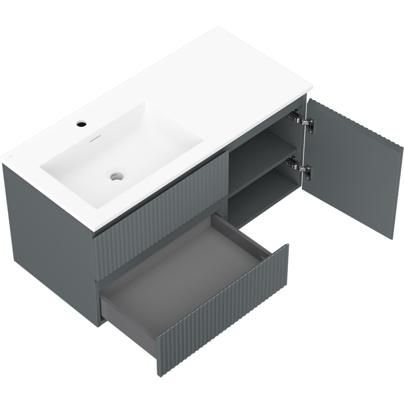 Mexen Rivel kúpeľňová skrinka 100 cm s umývadlom Otis ľavá, 2S, 1D, ryhovaná, grafit/biela mat - 91A23-10047-3-BBFFF66-W18L01