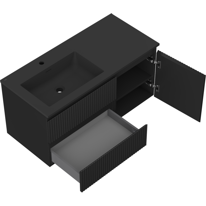 Mexen Rivel kúpeľňová skrinka 100 cm s umývadlom Otis ľavým, 2S, 1D, ryhovaná, čierna matná - 91A23-10047-3-BBFFF71-W18L71