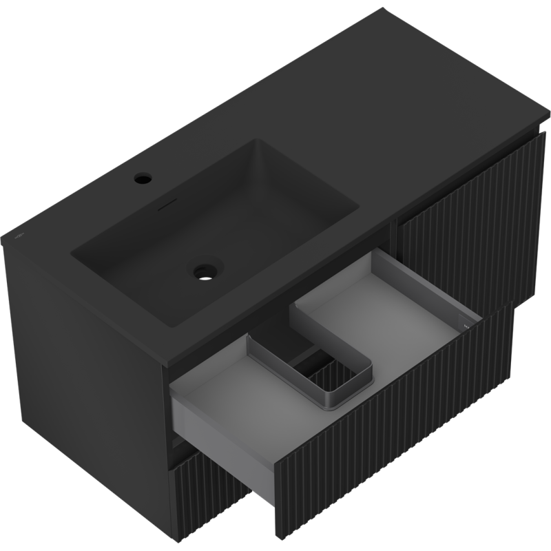 Mexen Rivel kúpeľňová skrinka 100 cm s umývadlom Otis ľavým, 2S, 1D, ryhovaná, čierna matná - 91A23-10047-3-BBFFF71-W18L71