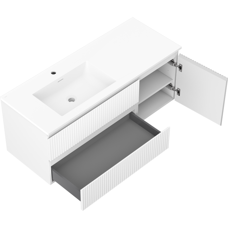 Mexen Rivel kúpeľňová skrinka 120 cm s umývadlom Otis ľavou, 2S, 1D, drážkovaná, biela mat - 91A23-12047-3-BBFFF01-W18L01