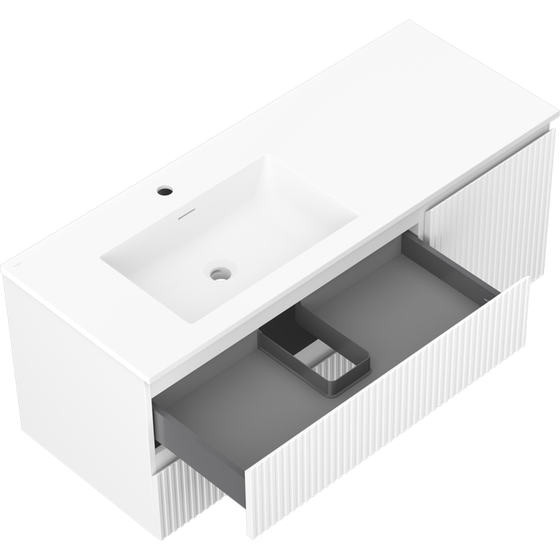 Mexen Rivel kúpeľňová skrinka 120 cm s umývadlom Otis ľavou, 2S, 1D, drážkovaná, biela mat - 91A23-12047-3-BBFFF01-W18L01