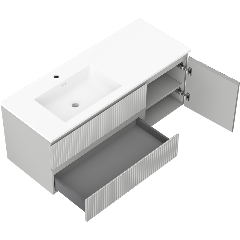 Mexen Rivel kúpeľňová skrinka 120 cm s umývadlom Otis ľavá, 2S, 1D, ryhovaná, sivá matná/biela matná