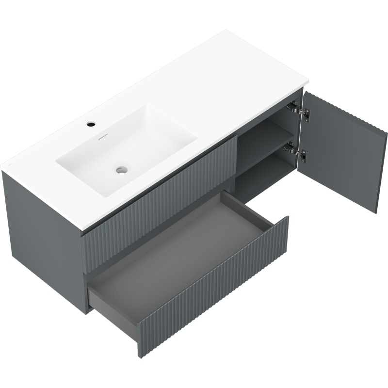 Mexen Rivel kúpeľňová skrinka 120 cm s umývadlom Otis ľavou, 2S, 1D, ryhovaná, grafit/biela mat - 91A23-12047-3-BBFFF66-W18L01