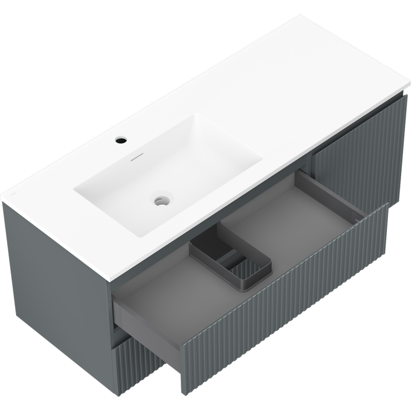 Mexen Rivel kúpeľňová skrinka 120 cm s umývadlom Otis ľavou, 2S, 1D, ryhovaná, grafit/biela mat - 91A23-12047-3-BBFFF66-W18L01