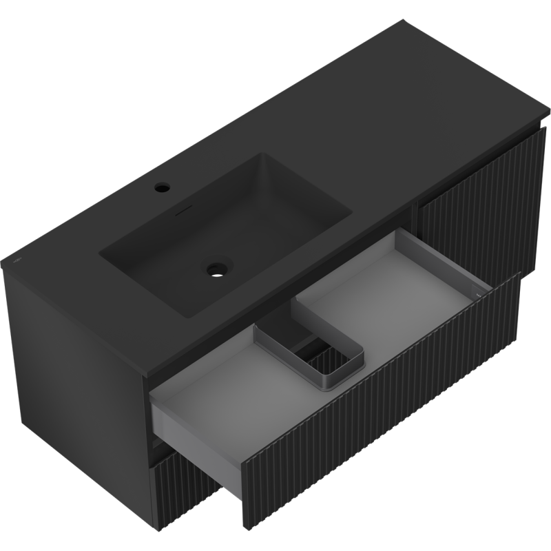 Mexen Rivel kúpeľňová skrinka 120 cm s umývadlom Otis ľavým, 2S, 1D, ryhovaná, čierna matná - 91A23-12047-3-BBFFF71-W18L71