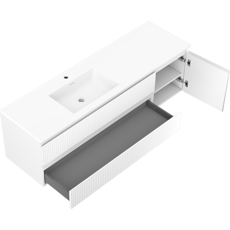 Mexen Rivel kúpeľňová skrinka 160 cm s ľavým umývadlom Otis, 2S, 1D, ryhovaná, biela matná - 91A23-16047-3-BBFFF01-W18L01