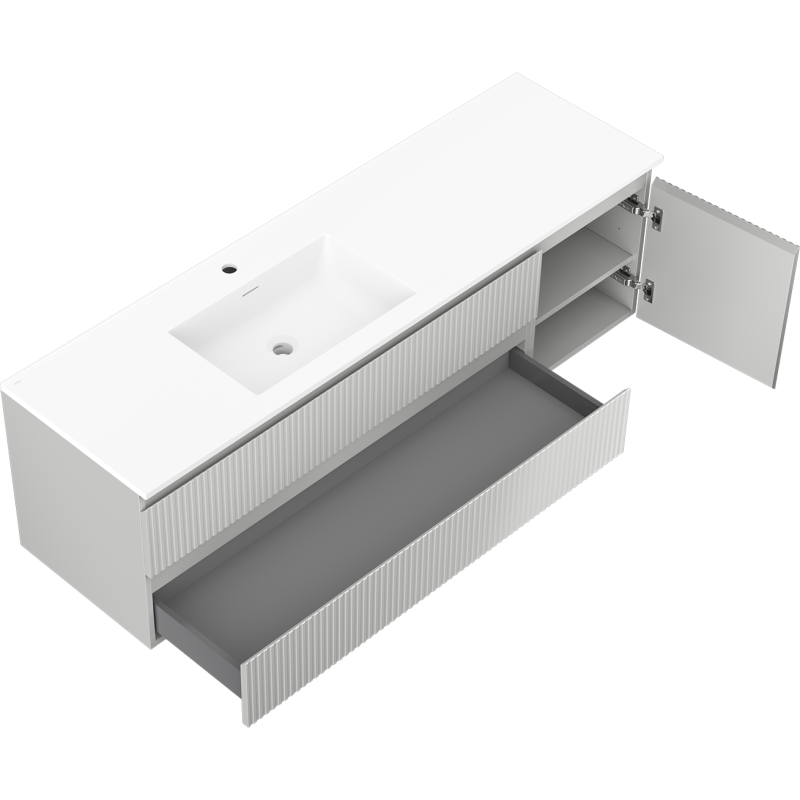 Mexen Rivel kúpeľňová skrinka 160 cm s umývadlom Otis ľavým, 2S, 1D, ryhovaná, sivá matná/biela matná