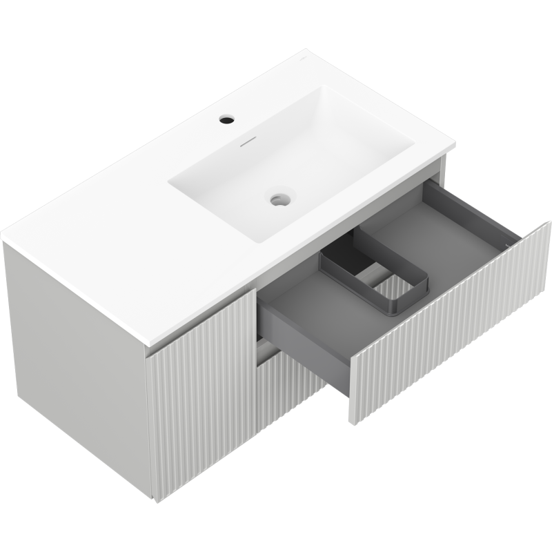 Mexen Rivel kúpeľňová skrinka 90 cm s umývadlom Otis pravá, 2S, 1D, drážkovaná, sivá matná/biela matná