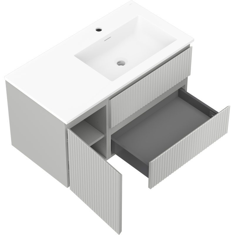 Mexen Rivel kúpeľňová skrinka 90 cm s umývadlom Otis pravá, 2S, 1D, drážkovaná, sivá matná/biela matná