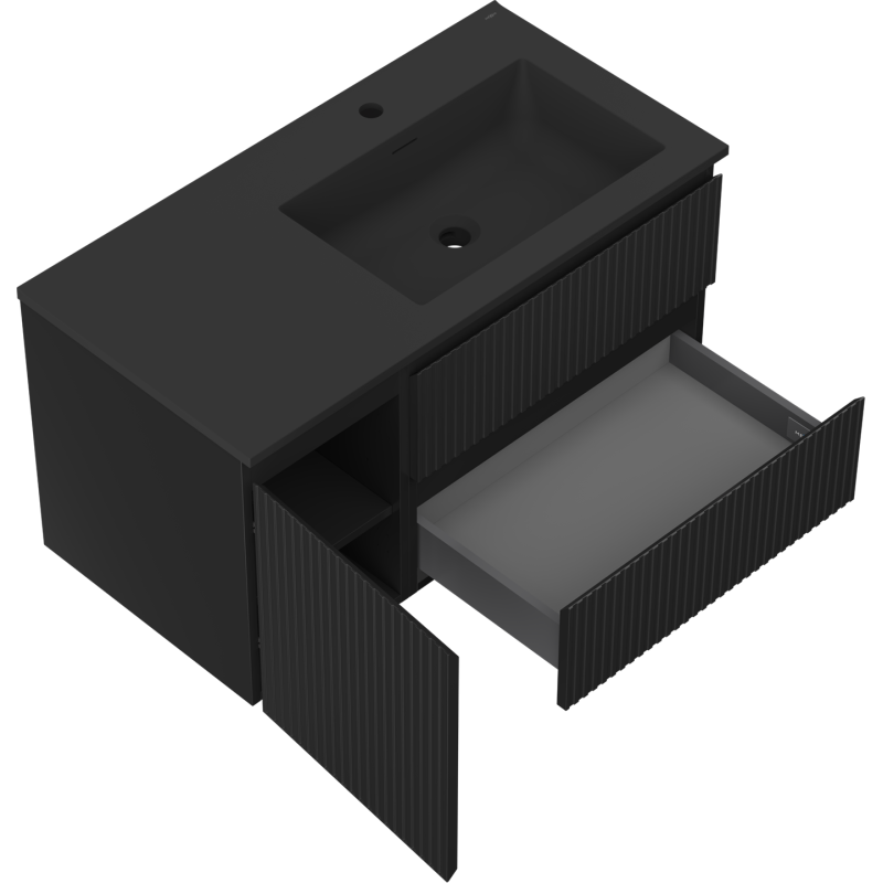 Mexen Rivel kúpeľňová skrinka 90 cm s umývadlom Otis pravá, 2S, 1D, drážkovaná, čierna matná - 91A23-09047-3-BBFFF71-W18P71