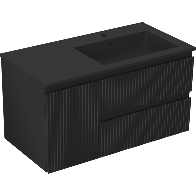 Mexen Rivel kúpeľňová skrinka 90 cm s umývadlom Otis pravá, 2S, 1D, drážkovaná, čierna matná - 91A23-09047-3-BBFFF71-W18P71