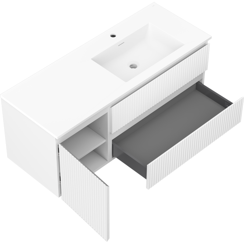 Mexen Rivel kúpeľňová skrinka 120 cm s umývadlom Otis pravá, 2S, 1D, ryhovaná, biela matná - 91A23-12047-3-BBFFF01-W18P01