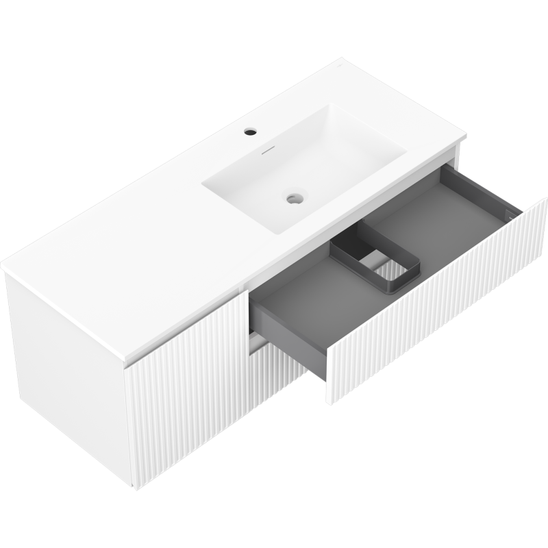 Mexen Rivel kúpeľňová skrinka 120 cm s umývadlom Otis pravá, 2S, 1D, ryhovaná, biela matná - 91A23-12047-3-BBFFF01-W18P01